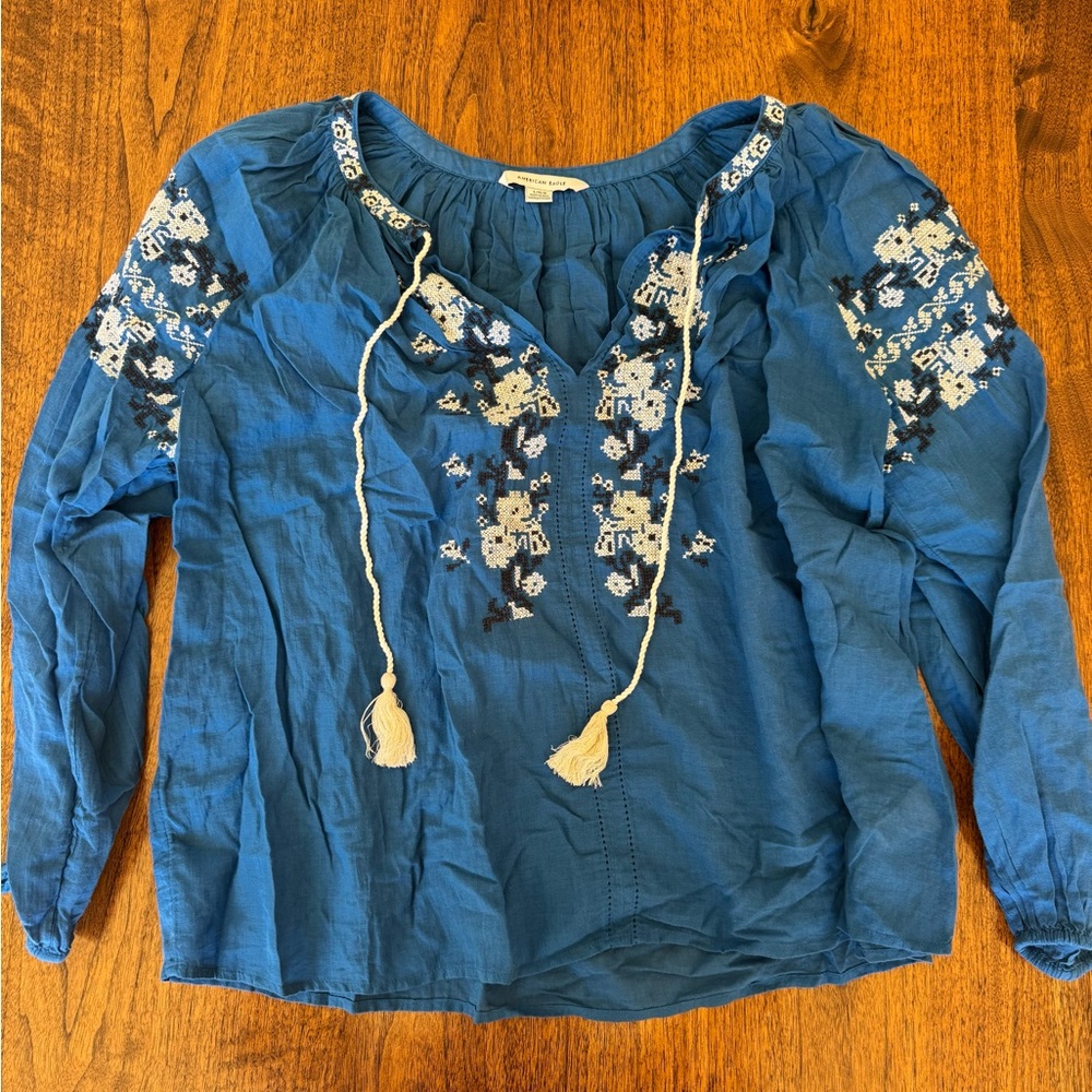 American Eagle Outfitters Blue Embroidered Blouse